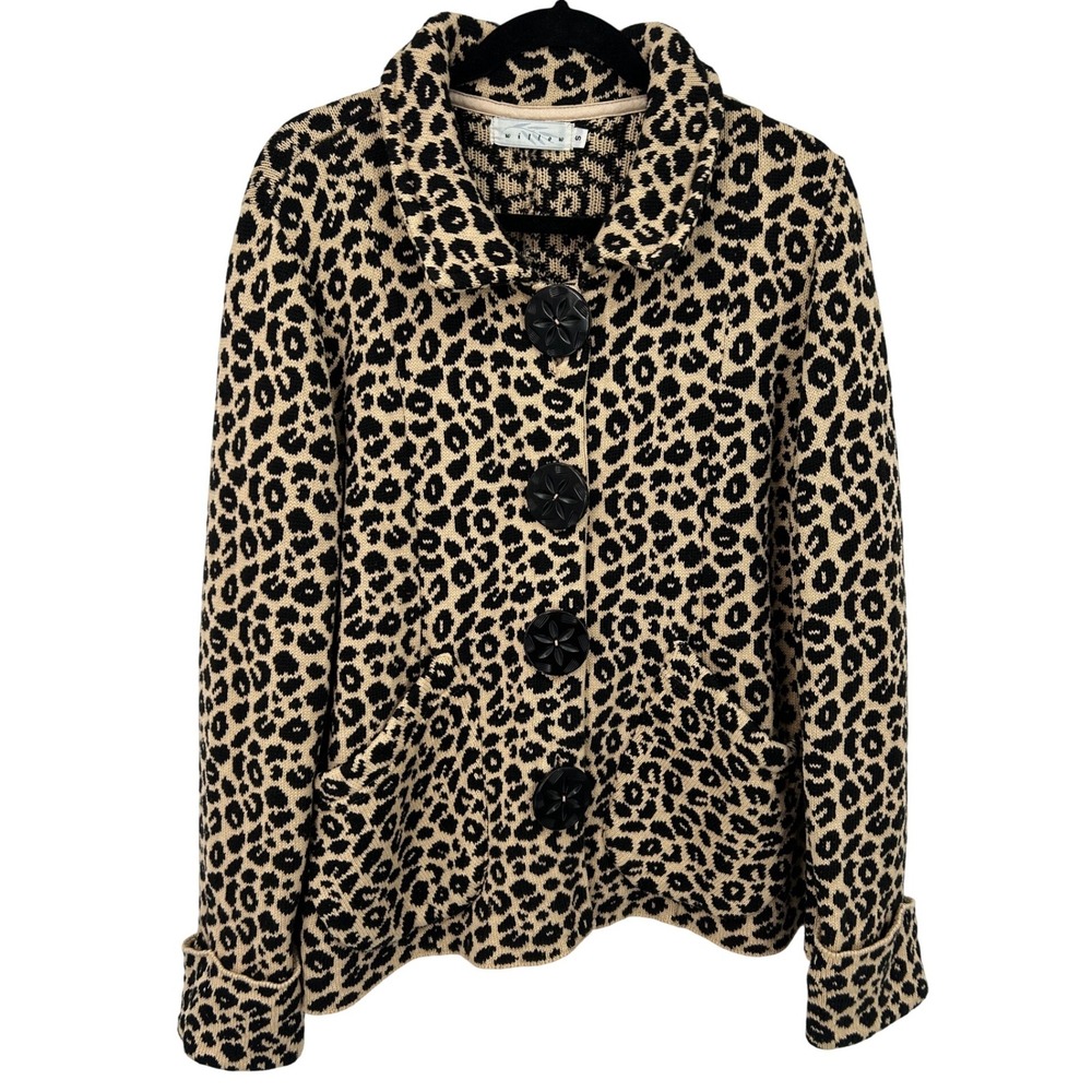 Willow Leopard Print Chunky‎ Cardigan Sweater Tan Black Button Sz Small Animal